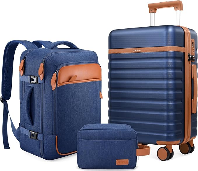 UKEIN Luggage Sets 3 Piece, PC Hardside Large Luggage 28 Inch With Spinner Wheels with TSA Lock, Checked Suitcase Set With Travel Backpack for Men (Blue, 3 piece set (28inch))