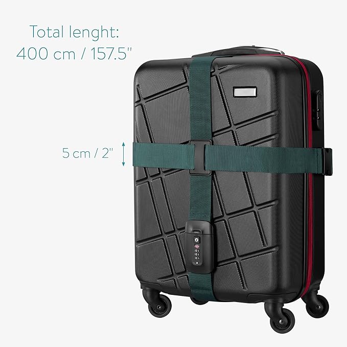 Navaris TSA Luggage Strap - Secure Adjustable Strap for Suitcases with Combination Lock - Lockable Cross Case Travel Belt for Luggage with ID Tag
