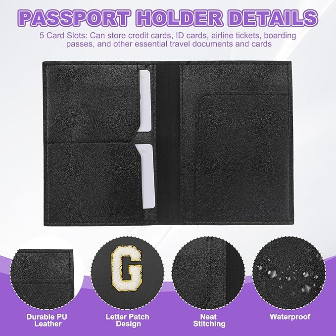 PATIKIL Passport Holder for Travel, Initial Passport Cover and Luggage Tag Set with Alphabet Chenille Letter Patch Travel Wallet Bag Suitcase Identifier for Women Family Travel Black G
