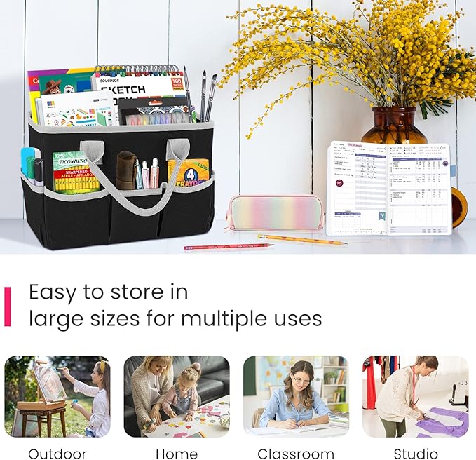 Godery Desktop Tote and Stock Organizer, Teacher Helper Tote Bag Organization for Arts, Books, Stationery, Office Desk Organizer, Make-up Storage Tote with Handles for Travel, Black