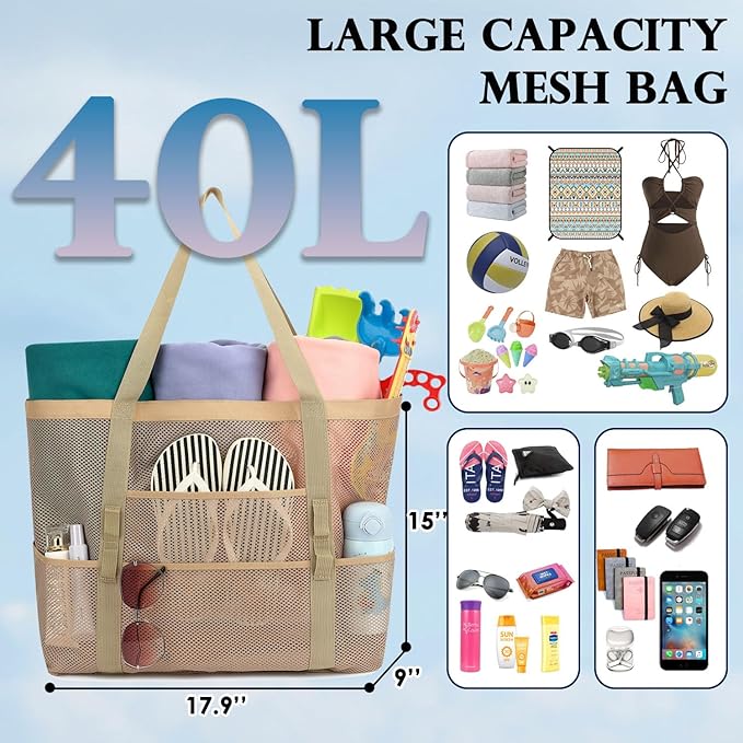 Fammart Mesh Beach Bag, Large Beach Tote with Zipper Pocket, Toys Pool Bag for Family Travel Vacation Cruise Essentials