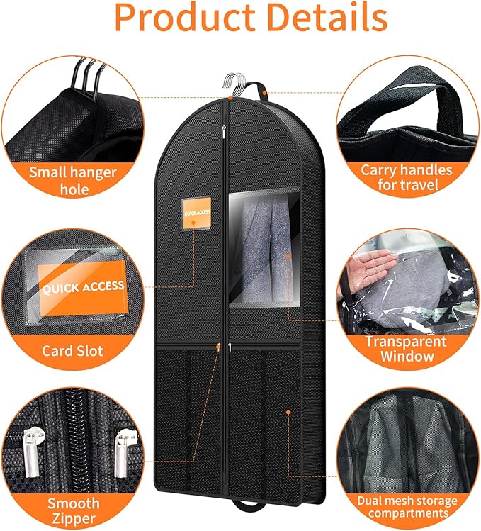 Travel Garment Bag Suits Clothes : 43 Inch 5 Packs Lightweight Breathable Zippered Black Fabric - Clothes Carry Short Men - Wardrobe Carry Coat Jacket Uniform Tuxedo Shirt