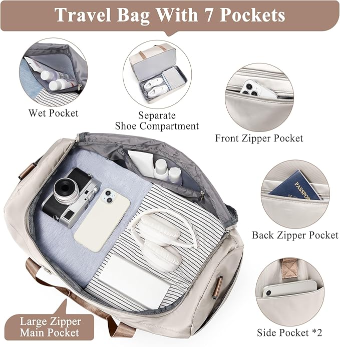 Extra Large Travel Duffle Bag,Carry on Overnight Weekend Bag with Shoes Compartment,Weekender Bags for Women for Travel Business Trips Sport Hospital,3 Pcs Set,Beige & Brown