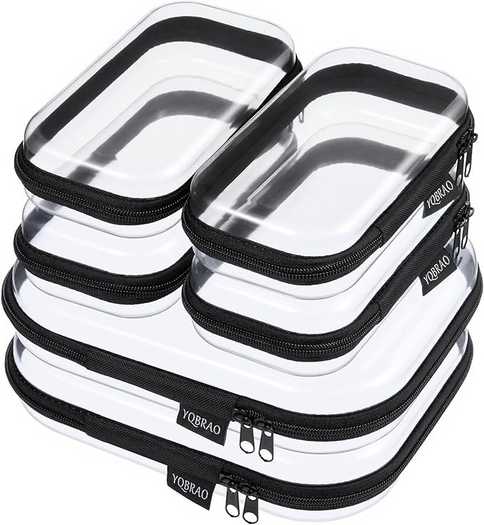 YQBRAO 6 Pack Clear Hard Shell Zipper Case, Hard Plastic Organizer Pouches for Travel, Small Items, Makeup, Electronics & Art Supplies - Crush-Resistant & Waterproof Storage (Black)