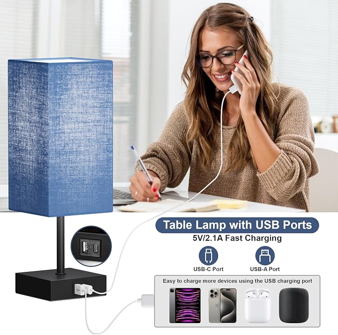 Touch Bedside Table Lamp for Bedroom, 14-Inch, Navy Blue Set of 2 | USB A+C Ports, Touch 3-Way Dimmable LED Bulb Included Fabric Lampshade Metal Base Small Nightstand Lamp for Desk Living Room