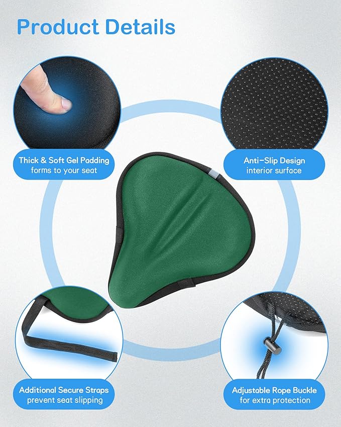 CUNCUI Gel Bike Seat Cover, Bicycle Seat Covers, Adjustable Bike Seats Cushion for Women Men Comfort Compatible, Suitable for Outdoor and Indoor (11x10 inch)-Green