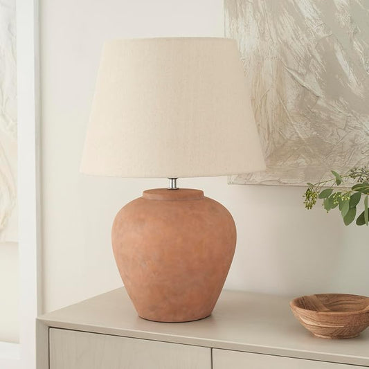 Nourison Home 20" Rustic Terracotta Ceramic Table Lamp with Fabric Shade, Bedside Nightstand Lamp for Bedroom, Living Room, Entryway