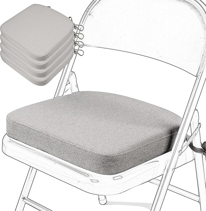 SINOSSO Memory Foam Chair Cushions for Folding Chairs 4 Pack, Thickened 2" Square Pads with Ties for Kitchen Chairs, Indoor Non-Slip Dining Chair Seat Cushions (4 Pcs, Light Gray)