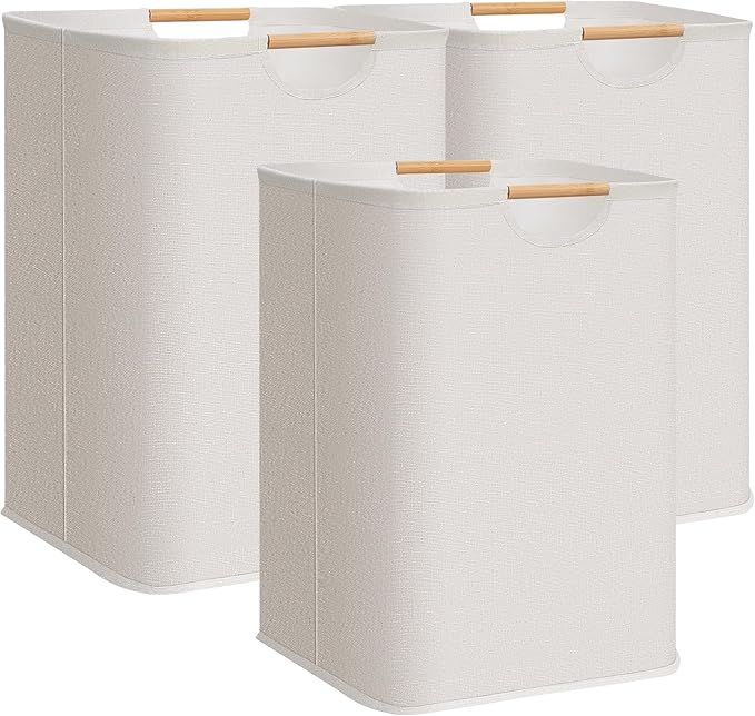STORAGE MANIAC 3-Pack Large Laundry Hamper, 100L (26.4 Gal) Collapsible Laundry Basket with Bamboo Handles, Freestanding Waterproof Clothes Hamper for Laundry Room, Bedroom, Dorm, Towels, Toys, White