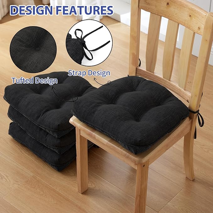 Chair Cushions for Dining Chairs Set of 4, Kitchen Chair Cushions, Chair Pads with Ties and Non Slip Backing, Tufted Memory Foam Seat Cushion 4 Pack, 15.5" x 15.5" x 4", Black