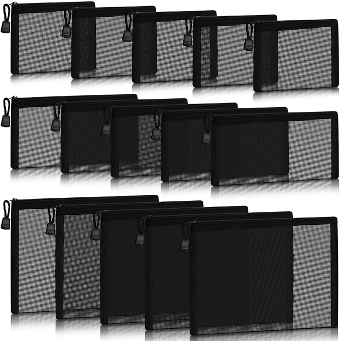 Outus 15 Pieces Mesh Bags Pouch Mesh Zipper Pouch Makeup Bags Cosmetic Travel Organizer Zipper Pencil Case for Organizing Office travel Storage(9.84x7.09, 7.87x3.94, 5x3.94 Inches,Black)