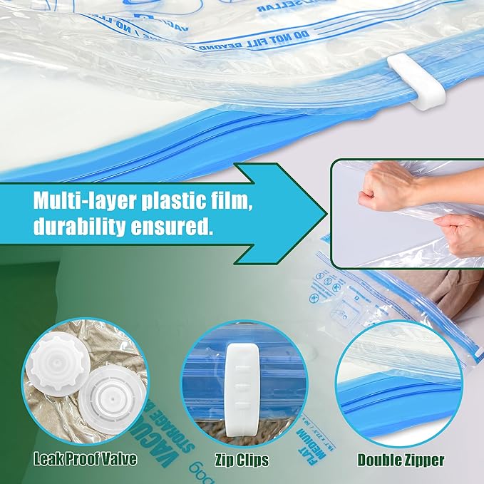 HIBAG Vacuum Storage Bags, 10 Space Saver Bags, Polyethylene (PE), Jumbo & Large Sizes, Zipper Closure, Vacuum Sealed, Ideal for Clothing & Bedding