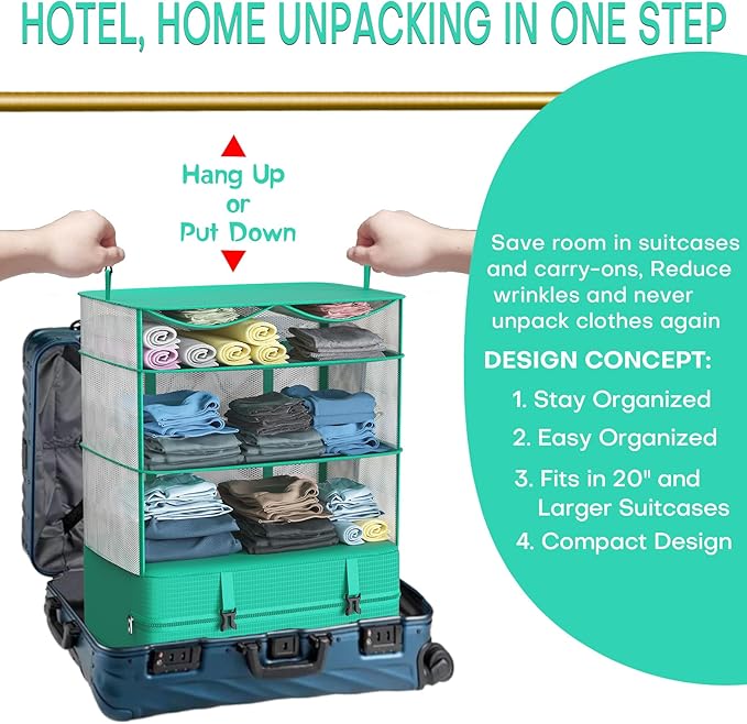 Compressible Packing Cubes Portable Hanging Closet Shelves 17"x12"x24" Extendable Travel Organizer Nylon Packing Bags for Suitcase
