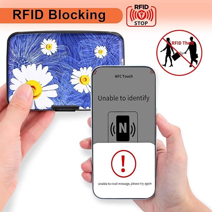Mayski Credit Card Holder, RFID Blocking, Aluminum Alloy Hard Case, Small Mini Business Metal Wallet for Women Men, White Flower