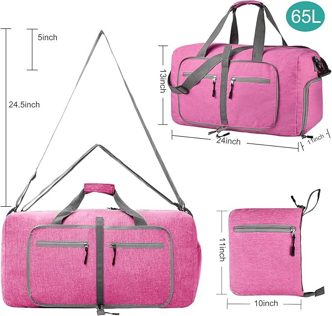 Dimayar 65L Travel Duffle Bag for Men Women - Foldable Duffel Bag with Shoes Compartment - Overnight Bags Waterproof & Tear Resistant(Rouge Pink)