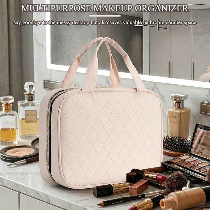 MODENGKONGJIAN Travel Toiletry Bag - Hanging Toiletry Bag for Women, Waterproof Makeup Cosmetic Bag Travel Organizer for Accessories, Shampoo, Full-size Container, Toiletries (Beige)