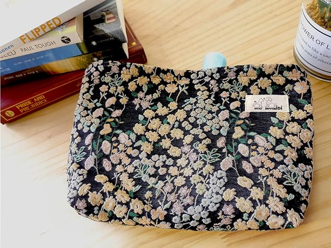 HAPPYHEIDI Women Aesthetic Makeup Bag With Compartment Accessory Zipper Pouch for Cosmetics Travel, Purse Organizer, Embroidery Lucky Flowers Black