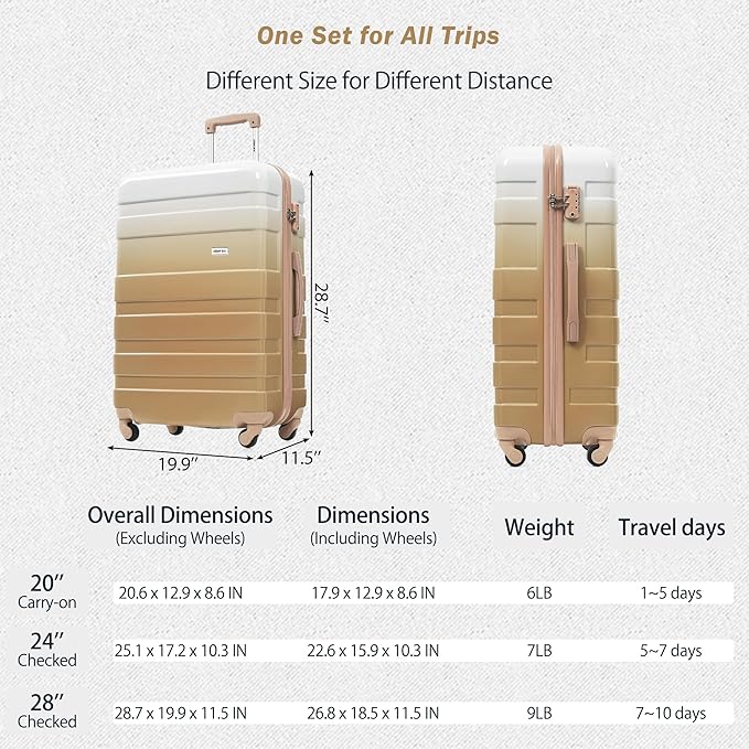 Merax 3 Piece ABS Hardshell Luggage Sets Spinner Wheel Suitcase TSA Lock Suit Case, Tan, 20/24/28 Inch