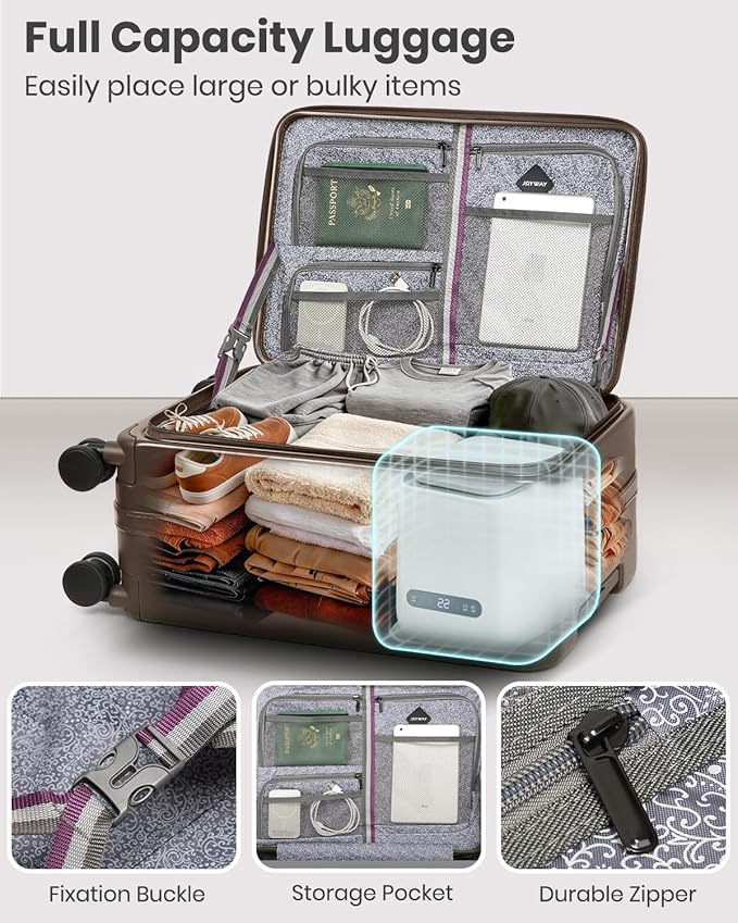 Joyway Luggage Set 5 Piece Top Opening Suitcase Set with Spinner Wheel and TSA Lock, PC Hard Shell Carry on Luggage with Front Pocket, Suitcase with Backpack and Foldable Storage Bag (Coffee)