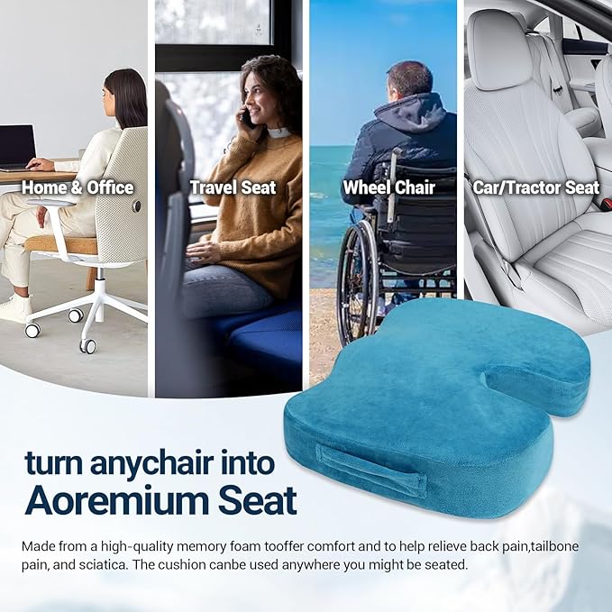 Season Guard Tailbone Pain Relief Office Chair Seat Cushion, Memory Foam Gel Seat Cushion for Sciatica Pain Relief with Washable Cover, Butt Cushion for Long Sitting, Velvet, Blue