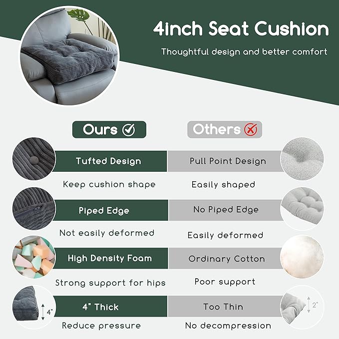 HIGOGOGO Tufted Corduroy Recliner Seat Cushion for Elderly, High Density Foam Large Square Seat Cushion for Recliner Chair, Floor Pillow, Office Chair, Car, No Pressure on Thighs, 20x20x4