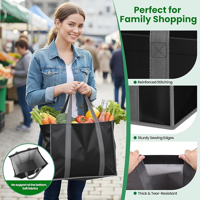SpaceWhisper Reusable Grocery Bags with Long Handles [10 Pack] - Multipurpose Large Shopping Bags for Groceries, Foldable Grocery Totes Resist Water & Stains for Kitchen, Car Trunk, Picnic (Black)