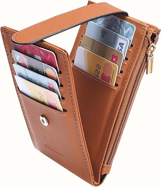 Chelmon Womens Wallet Slim RFID Blocking Bifold Multi Card Case Wallet with Zipper Pocket (Tan)