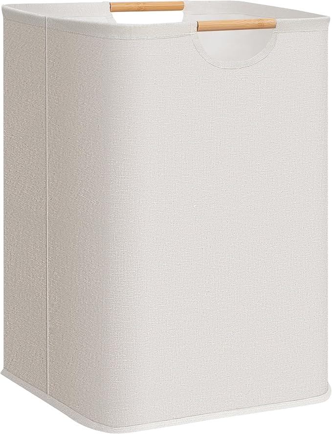 STORAGE MANIAC 1-Pack Large Laundry Hamper, 100L (26.4 Gal) Collapsible Laundry Basket with Bamboo Handles, Freestanding Waterproof Clothes Hamper for Laundry Room, Bedroom, Dorm, Towels, Toys, White