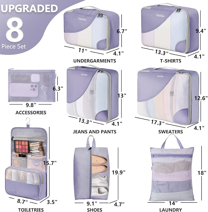 8 Set Packing Cubes for Travel, Gifts for Women Mom,Anti-Tearing Suitcase Organizer for Luggage with Shoe & Hanging Toiletry Bag,OlarHike Vacation Essentials & Accessories for Cruise Ship