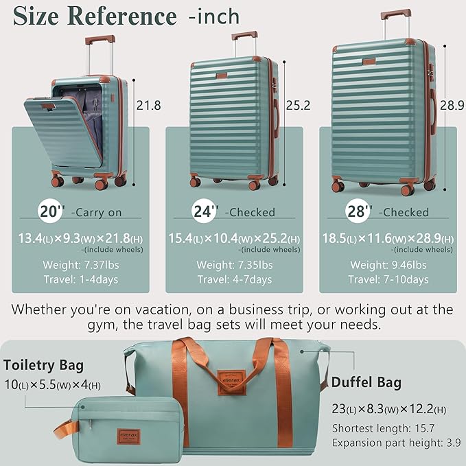 Merax Luggage Sets 3 Piece Front Opening, Hardside Lightweight Carry on Suitcase with Cup Holder USB Port,Durable Expandable Luggage with Bags Spinner Wheels and TSA Lock,Blue Green