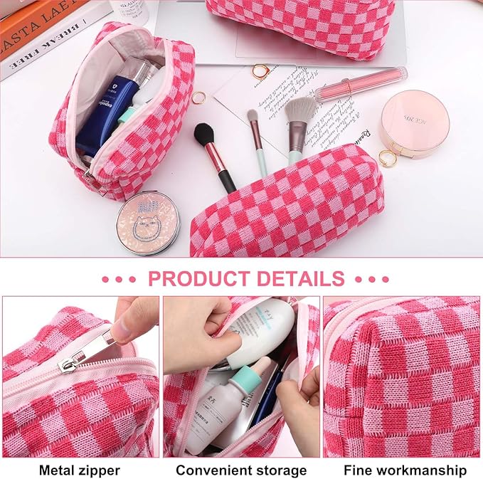 EIMMBD Makeup Bag 3 Pieces Large Capacity Checkered Cosmetic Bags Canvas Travel Toiletry Bag Organizer Cute Makeup Pouch Storage for Women(Rose)