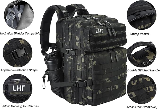 LHI Military Tactical Backpack for Men and Women 45L Army 3 Days Assault Pack Bag Large Rucksack with Molle System - Black CP