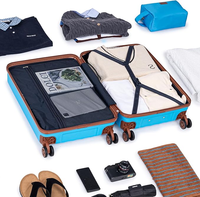 Carry on Luggage Sets 22x14x9 Airline Approved Durable Travel Luggage Suitcases with Wheels,ABS Hard Case Suitcases with Spinner Wheels,(SkyBlue,3 Piece Sets(20"/DB/TB))