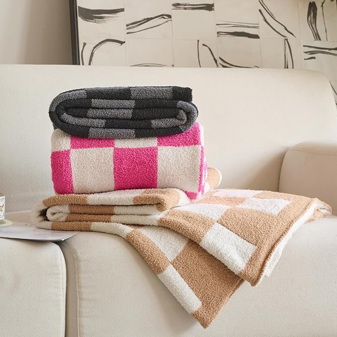 Checkered Blanket, Cozy Soft Throw Blankets for Couch Bed, Fluffy Plaid Lightweight Comfy Travel Picnic Blanket Gifts for Sofa Chair Living Room Camping (Beige, Twin 60"x80")