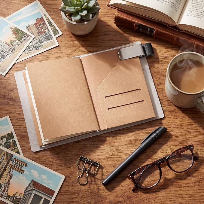 Thenshop Travelers Refillable Leather Journal Notebook Travel Diary Handmade Passport Travelers Journal for Men and Women with 3 Notebook Inserts, Pen Holder, Binder Clip(White,Passport Size)