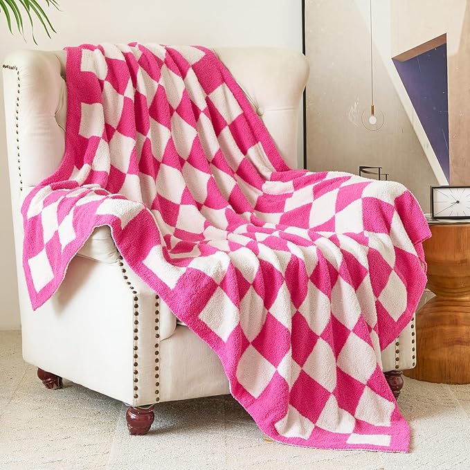Checkered Blanket, Cozy Soft Throw Blankets for Couch Bed, Fluffy Plaid Lightweight Comfy Travel Picnic Blanket Gifts for Sofa Chair Living Room Camping (Hot Pink, Twin 60"x80")