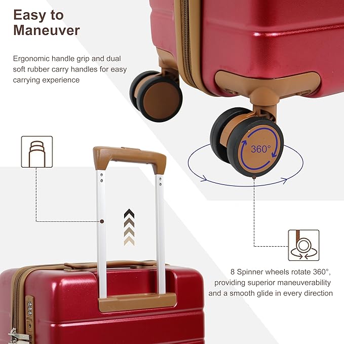 20-Inch Carry-On Luggage Set (3-Piece) – Lightweight & Durable Hardshell Spinner Suitcase with TSA Lock | PC+ABS Material | Airline Approved for Business and Family Travel, in Red