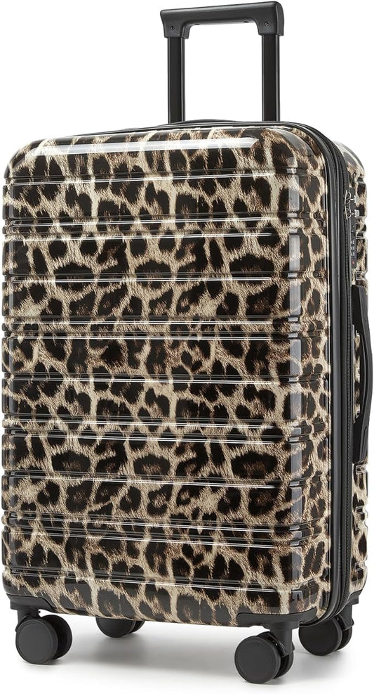 LARVENDER 28 Inch Checked Luggage with Spinner Wheels, PC+ABS Expandable Large Suitcases with Wheels, Travel Luggage sets for Women and Men, Cheetah