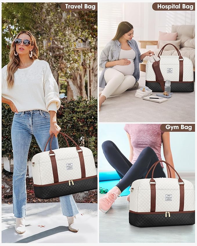 Travel Weekender Bags for Women - Large Carry On Duffel Bags with Shoe Compartment Overnight Weekender Tote Bags with Wet Pocket Gym Duffle Bag for Travel Sports Weekend Hospital Beige Black Brown