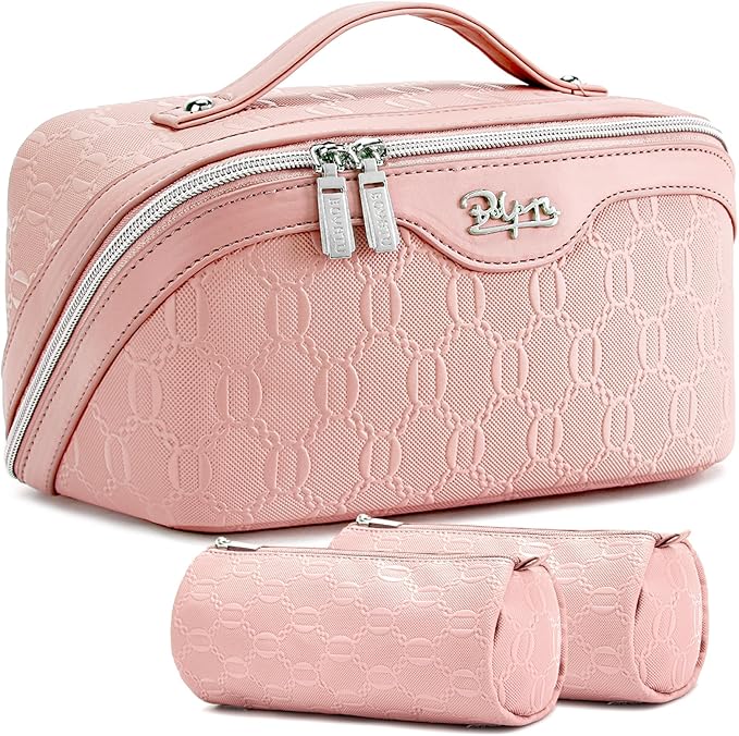 BOYATU Travel Makeup Bag for Women: Cosmetic Organizer Bag with Compartments - Leather Make up Bags Set of 3 (G-3-Pink)