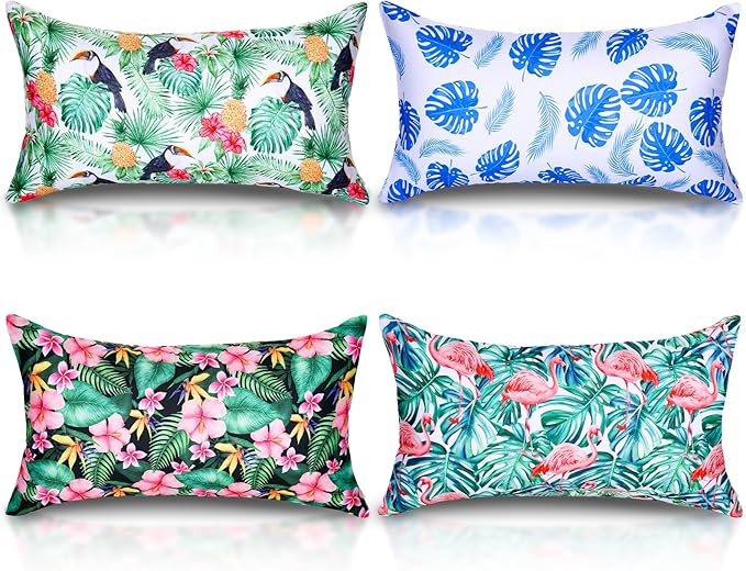 4 Pack Inflatable Beach Pillows with Removable Washable Covers Hawaii Tropical Style Portable Air Pillows for Vacation Sand Tanning Pool and Travel(Tropical Leaves)