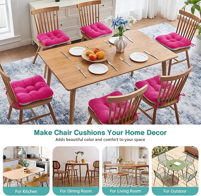 BETU Chair Cushions for Dining Chairs Set of 6,3.5" Thick Kitchen Table Chair Pads with Ties,Non Slip Backing and Covers, Seat Cushion for Dining Room,Bar,Patio Chairs,16"X16"X3.5",Hot Pink