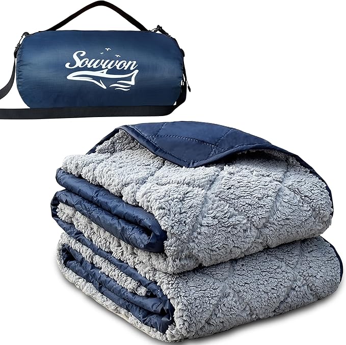 Waterproof Outdoor Blanket 82”X 55” Packable, Stadium Blankets for Camping with Sherpa Fleece Lining, Large Windproof Emergency Mat for Garss Picnic Hiking Road Trip, Machine Washable, Navy 300GSM