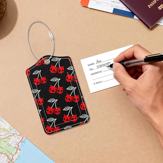 2 Pack PU Leather Luggage Tags for Suitcases, Privacy Protection Cover with Stainless Steel Loop and Address Card, Travel Cruise Essentials (Red Skull)