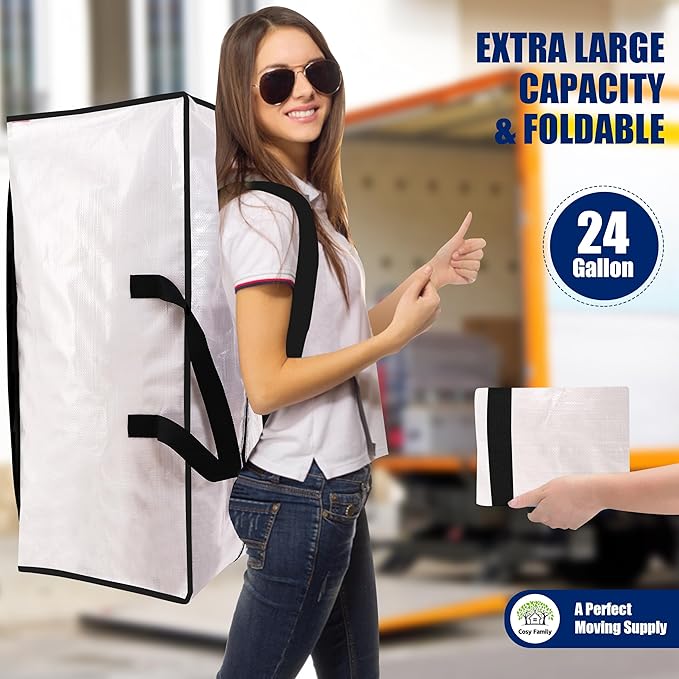 Cosy Family 8 Pack Heavy Duty Extra Large Moving Bags with Backpack Straps - Strong Handles & Zippers, Storage Totes For Space Saving, Fold Flat, Alternative to Moving Box (Set of 8, Clear)