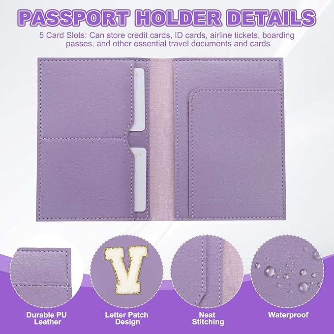 PATIKIL Passport Holder for Travel, Initial Passport Cover and Luggage Tag Set with Alphabet Chenille Letter Patch Travel Wallet Bag Suitcase Identifier for Women Family Travel Purple V