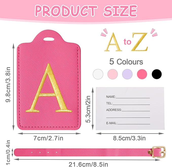 Initial Luggage Tags for Suitcases, Cute Embroidered Letter Luggage Bag Suitcase Identifier Name Baggage Tag, PU Leather Travel Luggage Tags, Bag Tags for Men Women Kids Luggage Handbags(Rosered A)