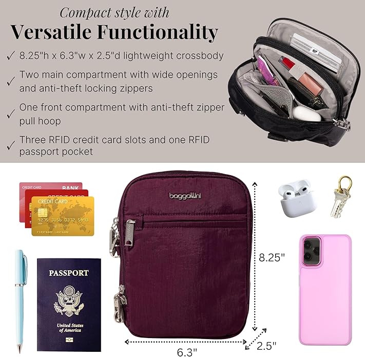 Baggallini Securtex® Anti-theft Mini Everything Crossbody Bag, 6.3"x8.25" Rfid, Locking Zippers & Cut-resistant Strap
