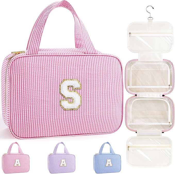 TOPEAST Hanging Toiletry Bag - Large Capacity Personalized Travel Bag for Women, Cruise Ship Essentials - Letter S, Pink