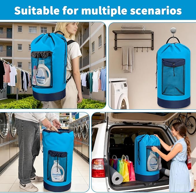 150L Laundry Bag Backpack with 3 Sizes Mesh Wash Bags and Shoulder Straps Foldable Clothes Hamper Bag with Drawstring Closure for College, Apartment, Laundromat (Sky Blue)